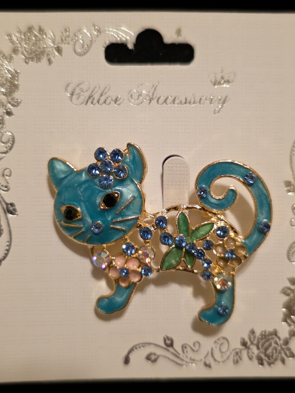 Goldtone Teal Cat Brooch